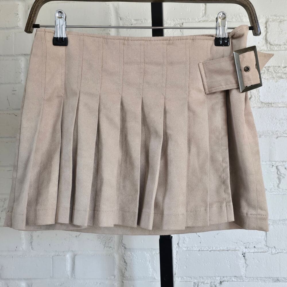 CECIL McBEE Beige Faux Suede Pleated Micro Mini Skirt┃Y2K Preppy Light Academia